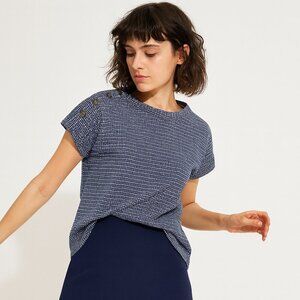 Retrology Medium Navy Gray Checkered Classic Boat Neck Luxury MOD SS Blouse